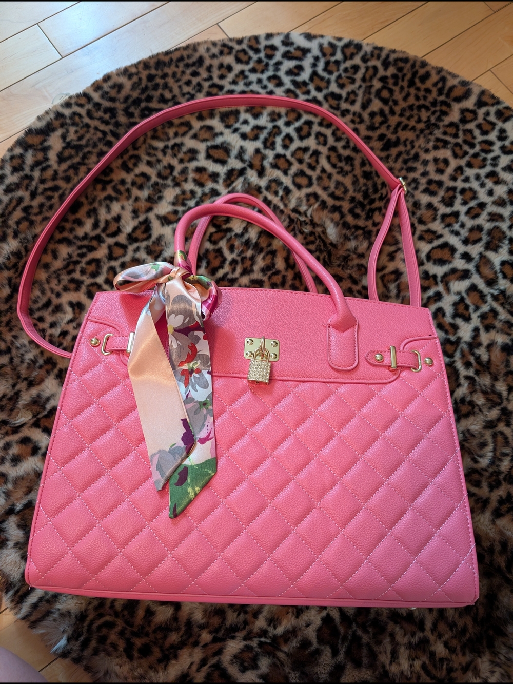 Quilted Pink Satchel Handbag with Scarf Accent